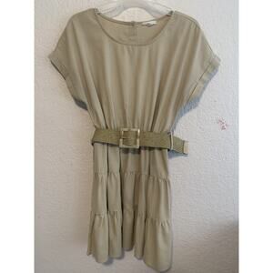 Mine Size M MINI Dress Linen Blend Short Party Preppy Tan Belted Tiered Skirt